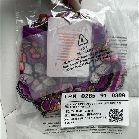 Savage X Fenty Juicy Purple Flower Poppy Print Mod Poppy Lace Brazilian Panty - Picture 9 of 9